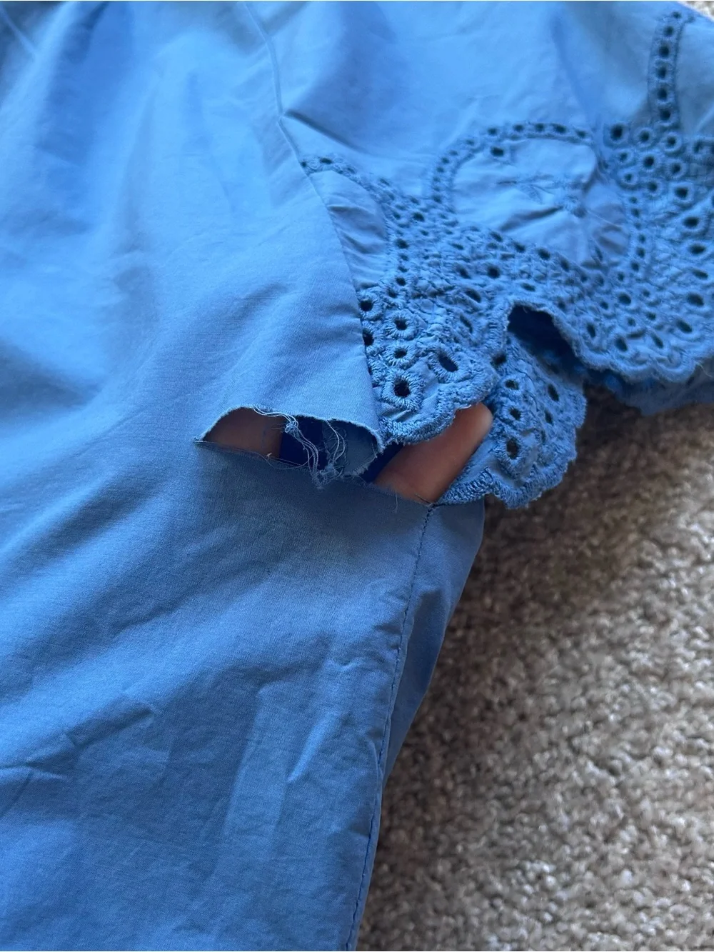 SUNDAYS Blue Eyelet Embroidered Ruffle Neck Top Small (AS IS Tear under arm)